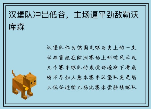 汉堡队冲出低谷，主场逼平劲敌勒沃库森